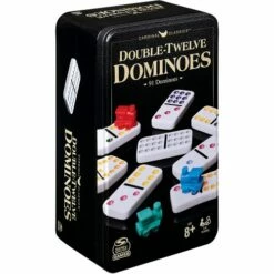 Double 12 Coloured Dominoes With Mexican Train In Tin